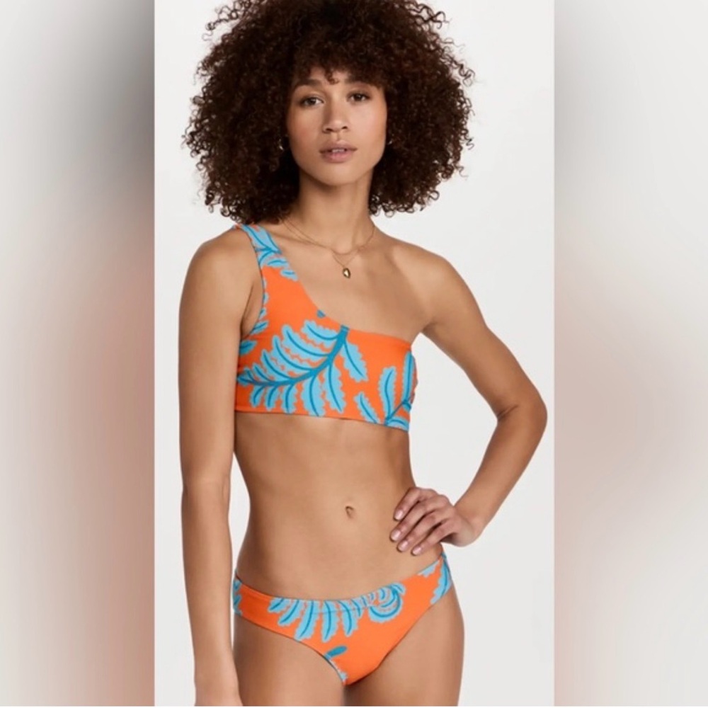 SOLID & STRIPED One-Shoulder Orange Bikini with Blue Leaf Print